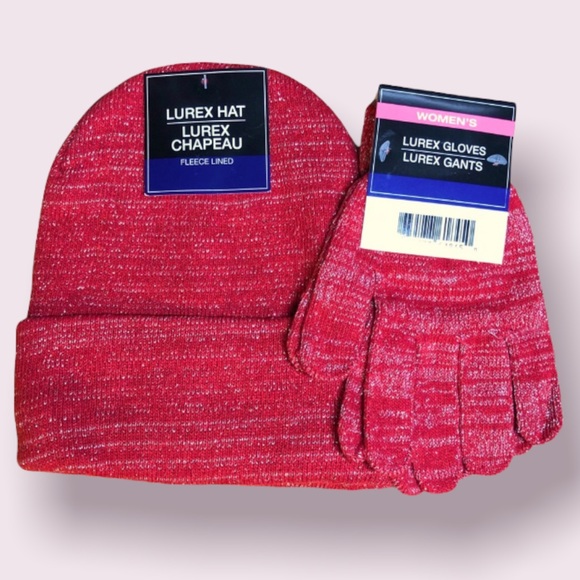 Flannel Lined Red/Silver Hat & Gloves Set - Picture 1 of 3